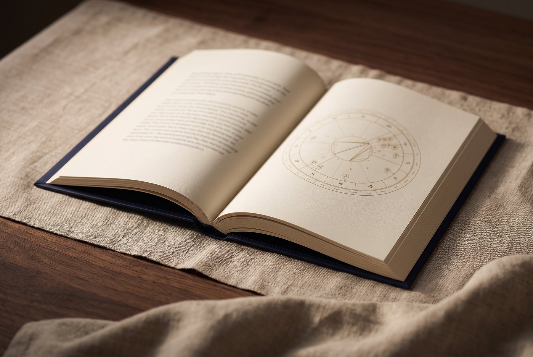An open double page of the book: text on the left, the birth wheel on the right.