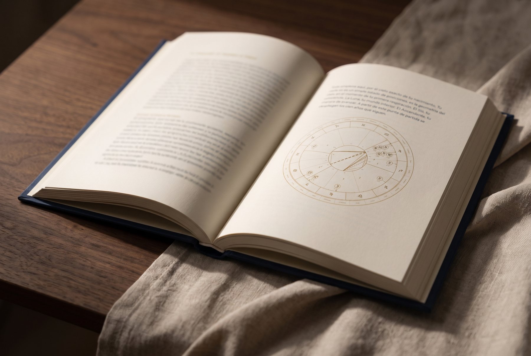 Una doble página del libro abierto: el texto a la izquierda, la rueda de nacimiento a la derecha.