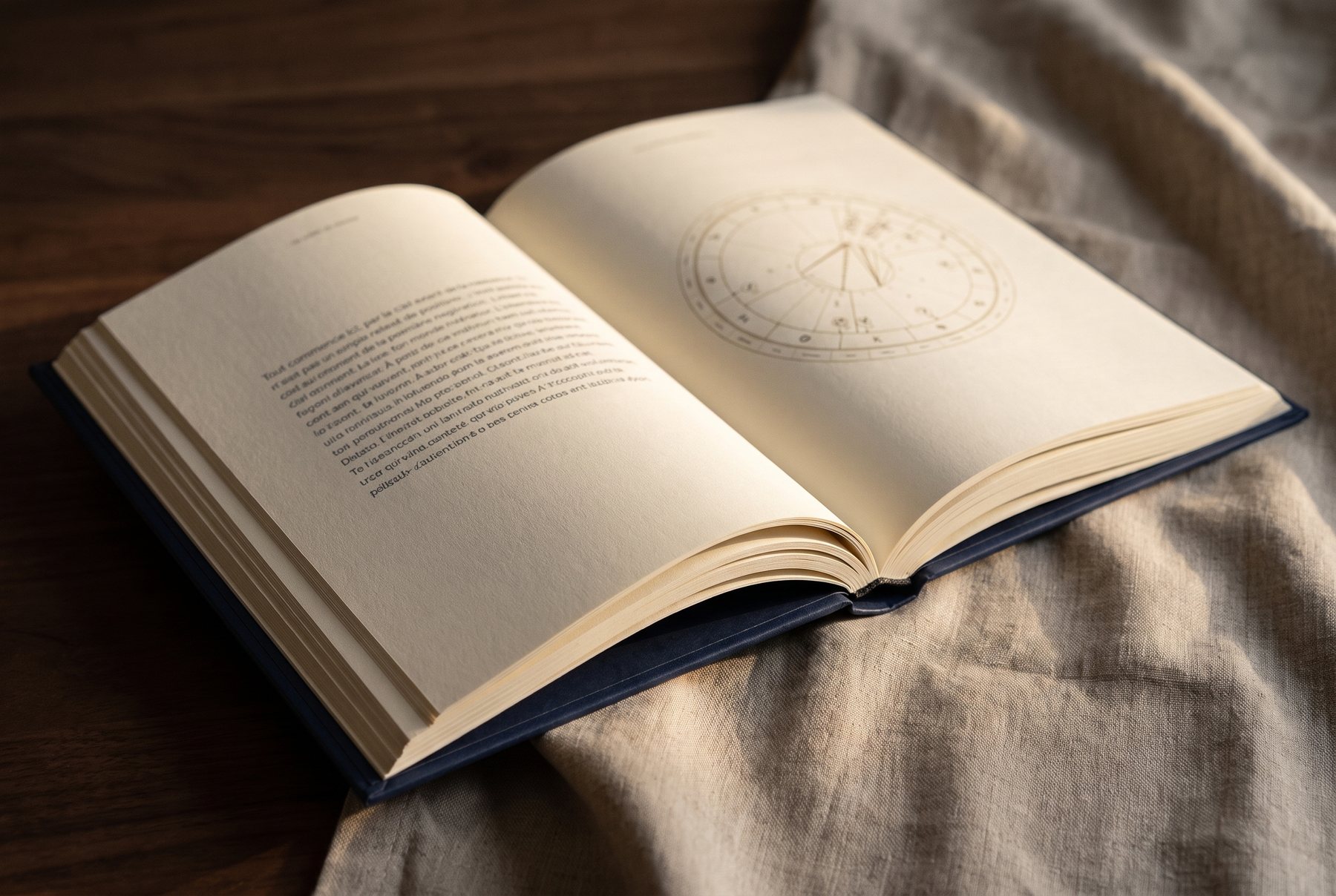 Une double page du livre ouvert : le texte à gauche, la roue de naissance à droite.